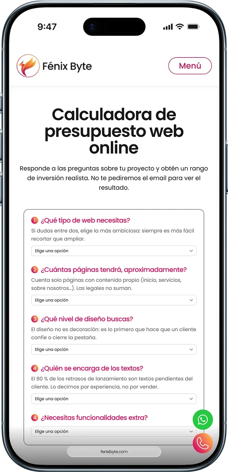 Calculadora de presupuesto web online de Fénix Byte mostrada en un teléfono móvil