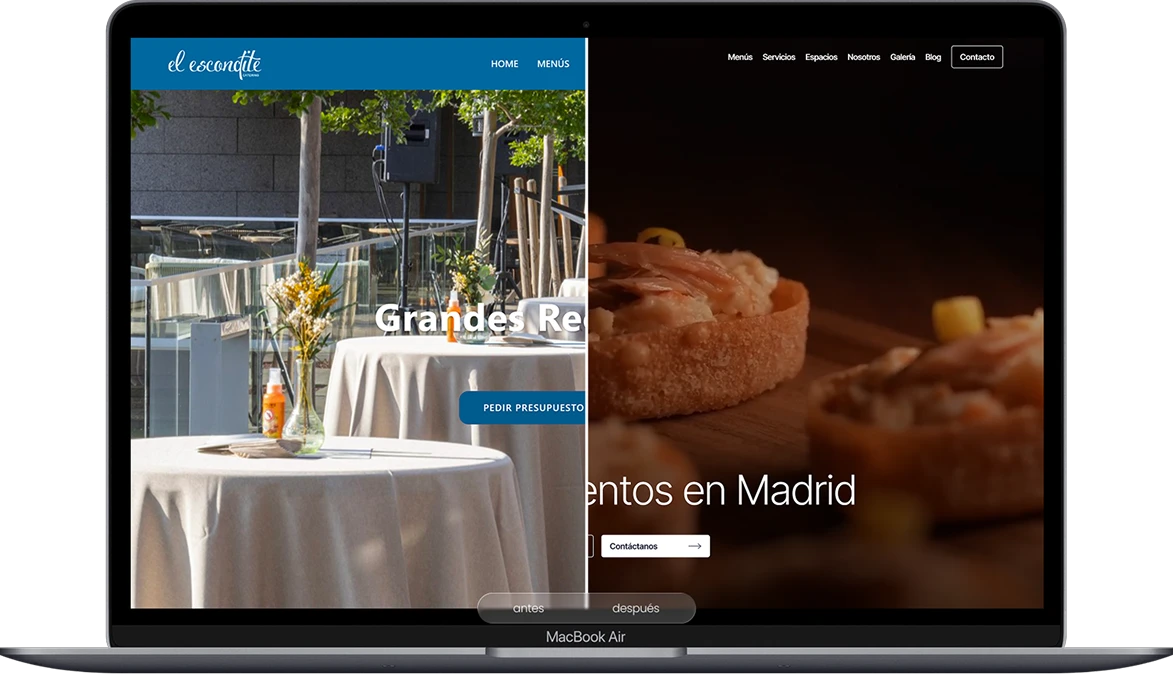 Comparativa antes y después del rediseño de una página web de eventos en Madrid mostrada en un portátil
