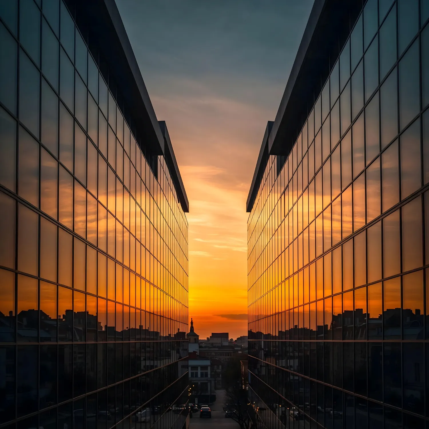 Edificio de oficinas moderno en Getafe al atardecer