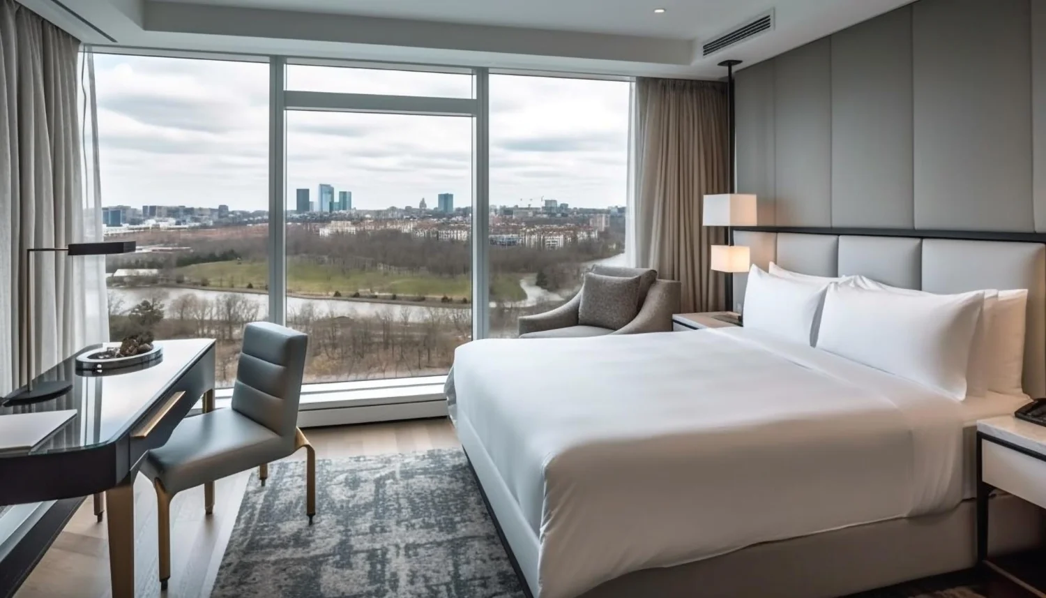 Habitación de hotel moderna con cama doble y vistas panorámicas