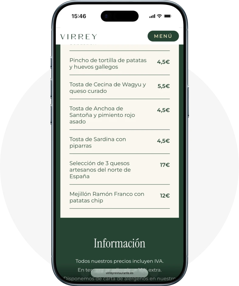 precios visibles en web de restaurante